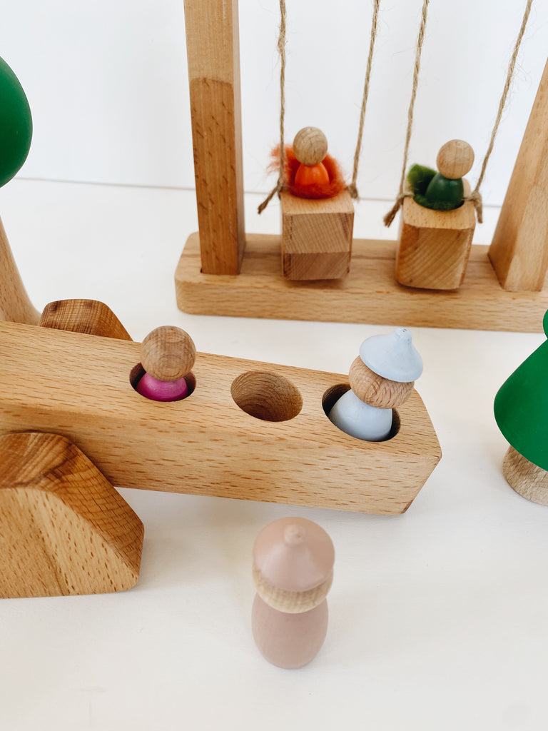 Wooden Playground - Seesaw and swings with trees and peg people - Andnest.com