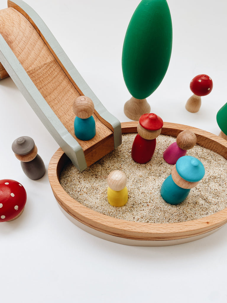 Wooden Playground - Sandbox and slide with trees and peg people - Andnest.com