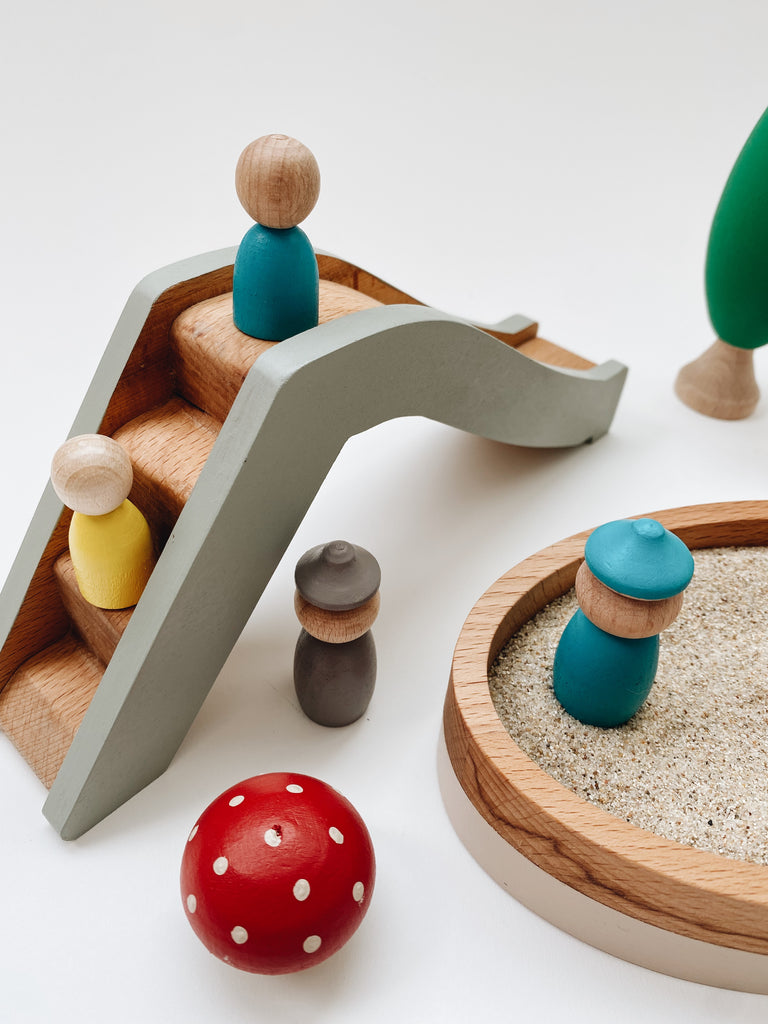 Wooden Playground - Sandbox and slide with trees and peg people - Andnest.com