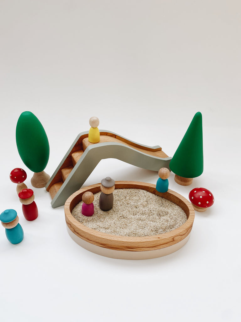 Wooden Playground - Sandbox and slide with trees and peg people - Andnest.com