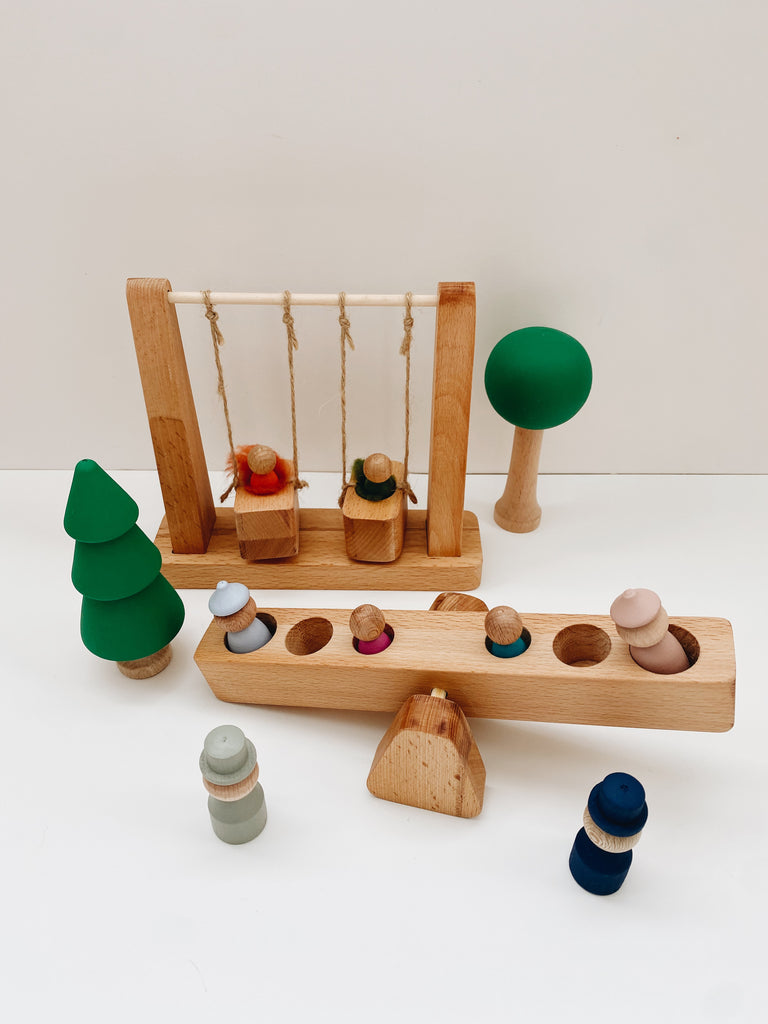 Wooden Playground - Seesaw and swings with trees and peg people - Andnest.com